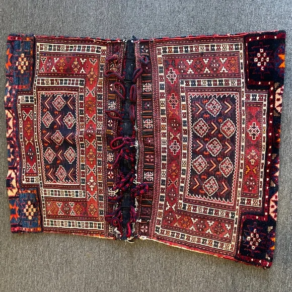 Vintage Tribal Patterned Red, Blue and CreamColored Camel Saddle Bag Woolen